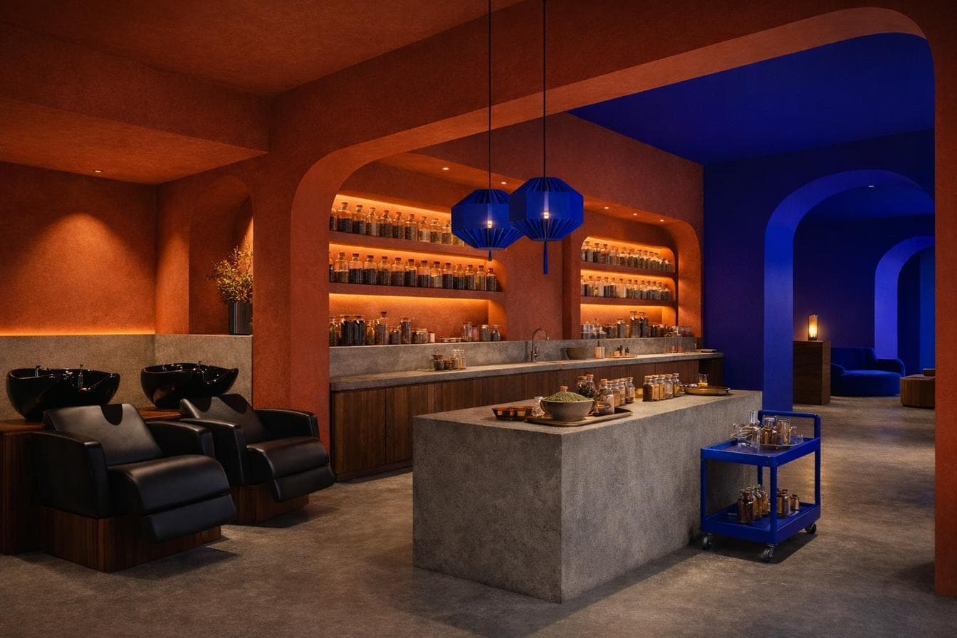 La sala grande di Flór: archi e bancone in cemento
